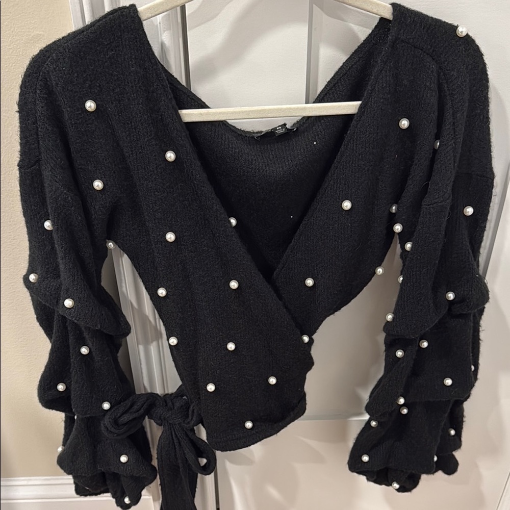 Black Pearl-Embellished Wrap Sweater